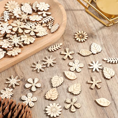 Grevosea 100 Pcs Unfinished Wooden Flowers, Blank Wood Crafts Flower Leaf Pattern Wood Pieces Cutouts Handmade Crafts to Paint Home Wedding Ornaments Decoration