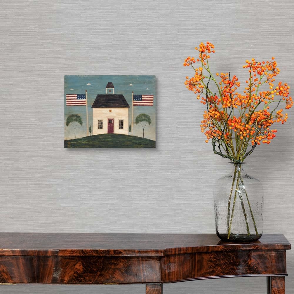 CANVAS ON DEMAND School House Canvas Wall Art Print by Warren Kimble, Home Decor, Patriotic, American Flag Artwork,10" x8in