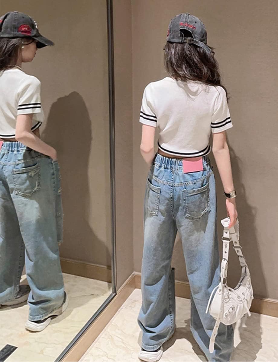 Girls Wide Leg Ripped Jeans Kids Baggy Elastic Waist Washed Denim Pants 5-14 Years - Image 4