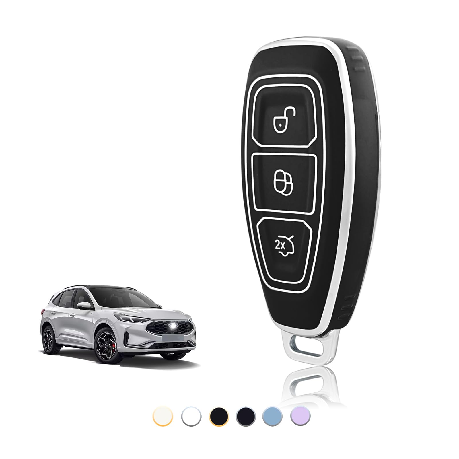 Koaudb Protezione in TPU per Chiave Auto Adatta per Ford Fiesta Focus C-Max Galaxy B-Max Grand C-Max Kuga Mondeo S-Max 3 Pulsanti Portachiavi Senza Chiave con Cordino Portachiavi in Pelle (BP-Frd-3
