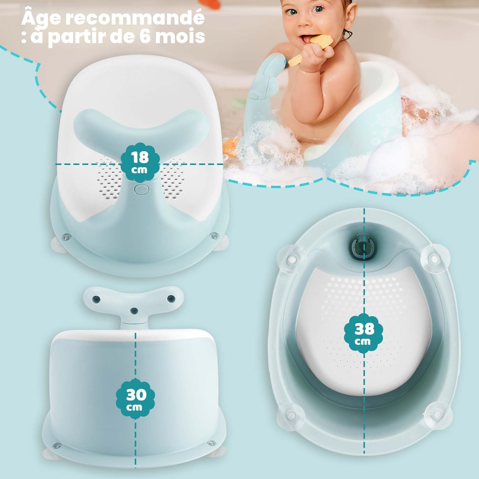 Chaise de Douche pour bébé,forme de baleine mignonne, coussin en silicone en maille respirante et élastique, dossier ergonomique, 4 ventouses antidérapantes puissantes, pour 6 mois et plus (vert)