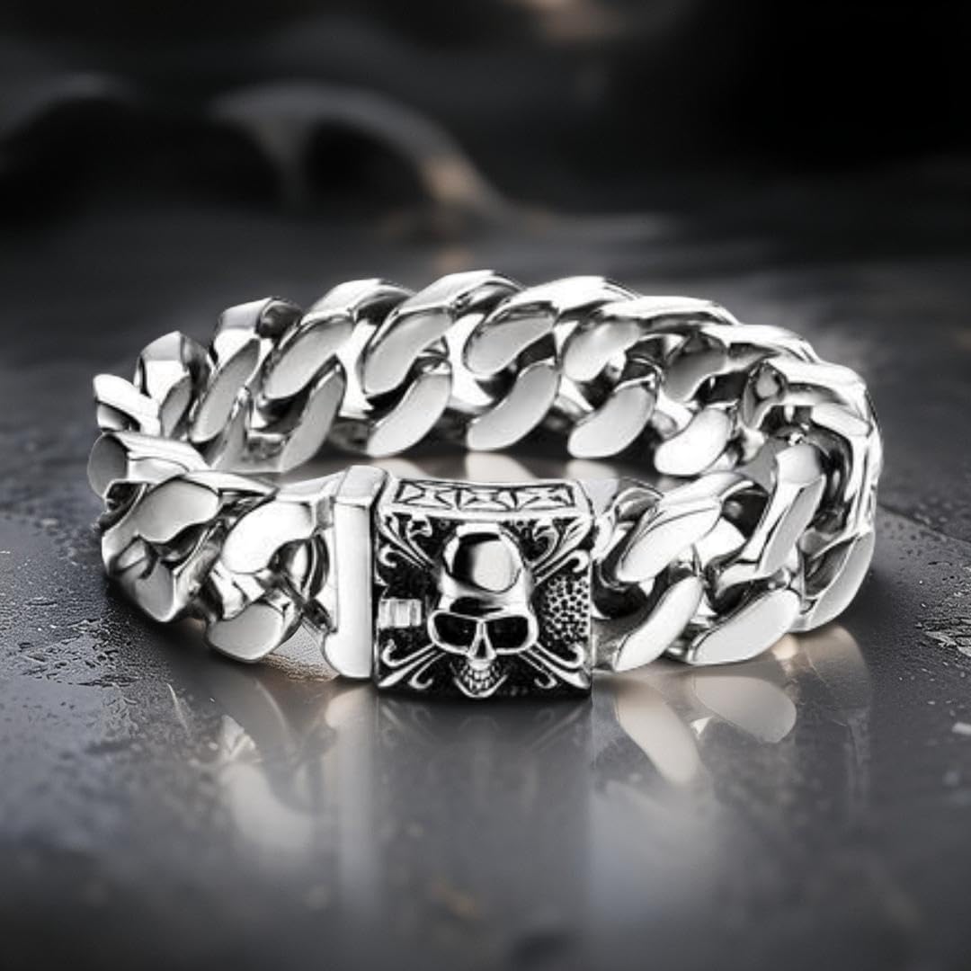 COOLSTEELANDBEYOND Großes Edelstahl Panzerkette Armband Herren mit Fleur de Lis und Schädel, Biker Gotik, Poliert