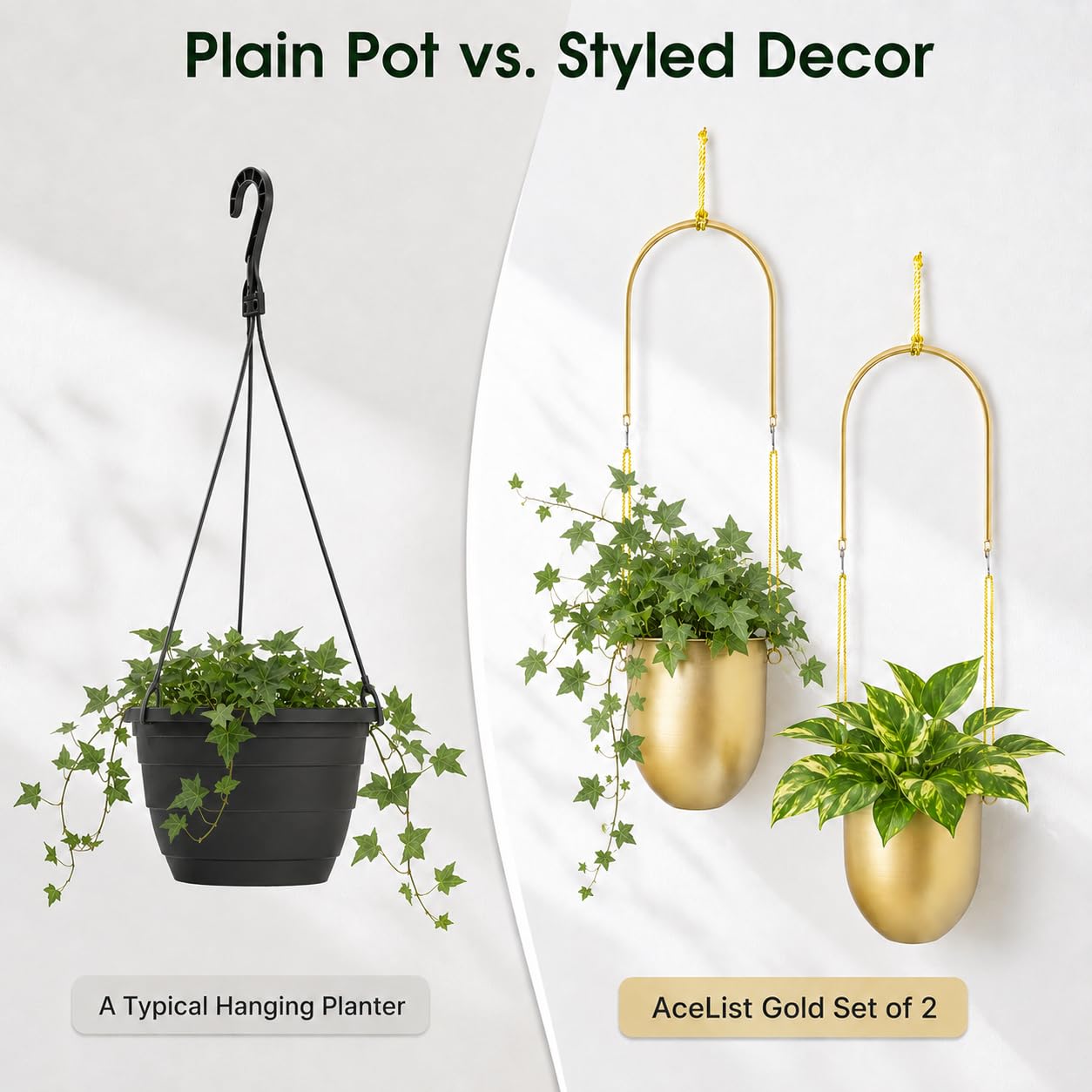AceList Lot de 2 pots de fleurs suspendus dorés à suspendre de 14 cm pour plantes d'intérieur, maison, balcon, jardin et terrasse – Jardinières à suspendre avec corde de chanvre