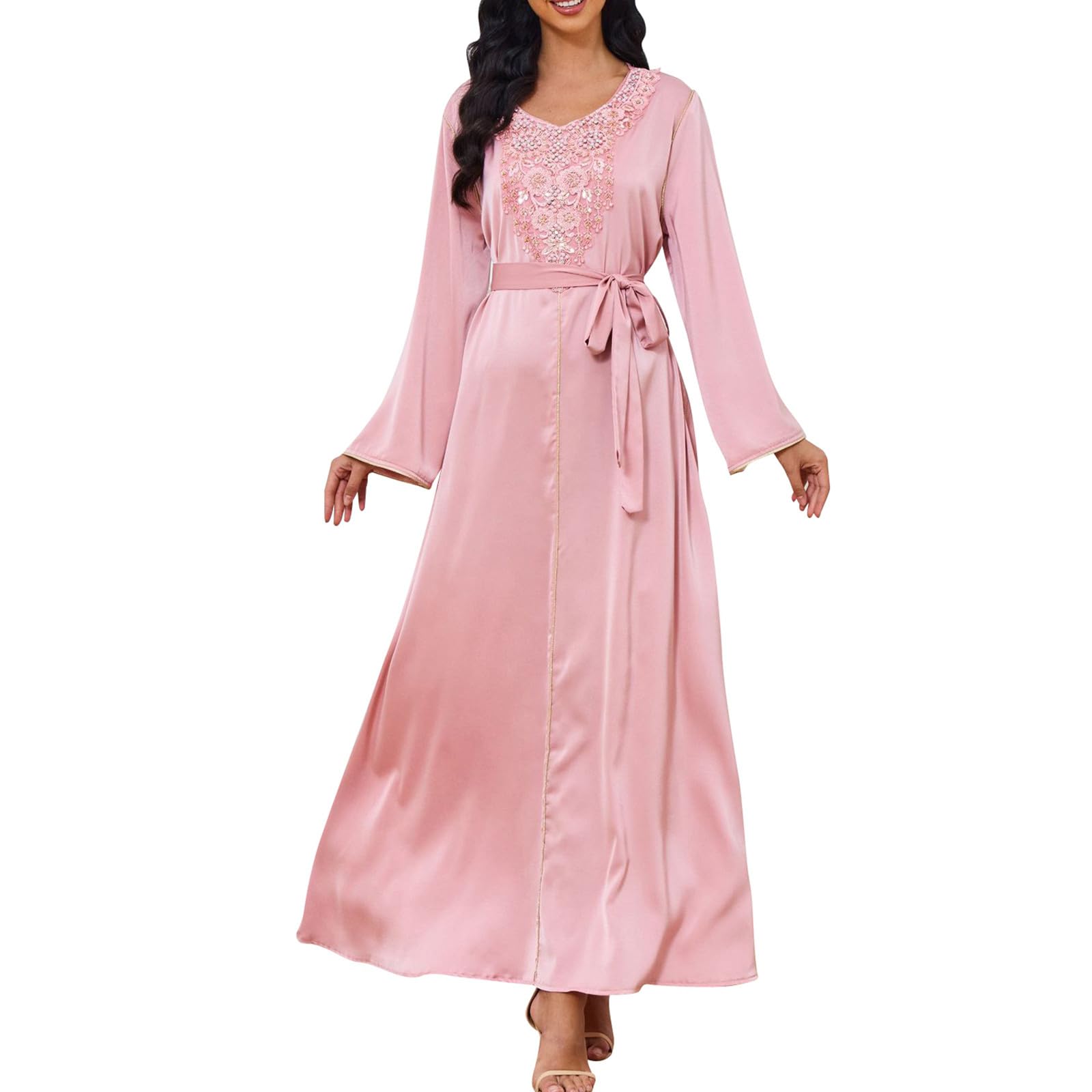 Vhersily Regalos Ofertas Abaya - Kaftán para mujer, estilo étnico tribal largo con detalles de perlas, vestido Dubai de moda para el verano 2024, rosa, L