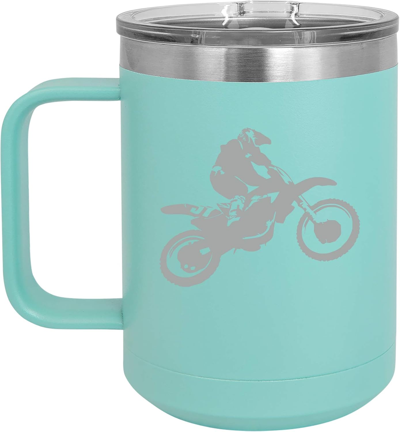 15 oz Tumbler Coffee Mug Travel Cup With Handle & Lid Vacuum Insulated Stainless Steel Dirt MX Bike Rider (Teal)