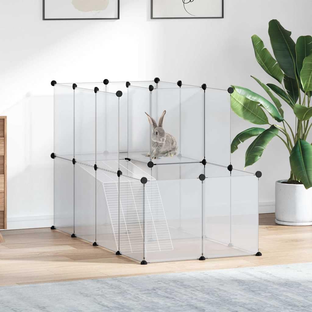 Kleintierkäfig Transparent aus PP und Stahl 142x74x93 cm geräumiges Kleintiergehege mit Leiter und Plattform für Kaninchenstall Meerschweinchenstall Hamsterkäfig geeignet für Innengehege