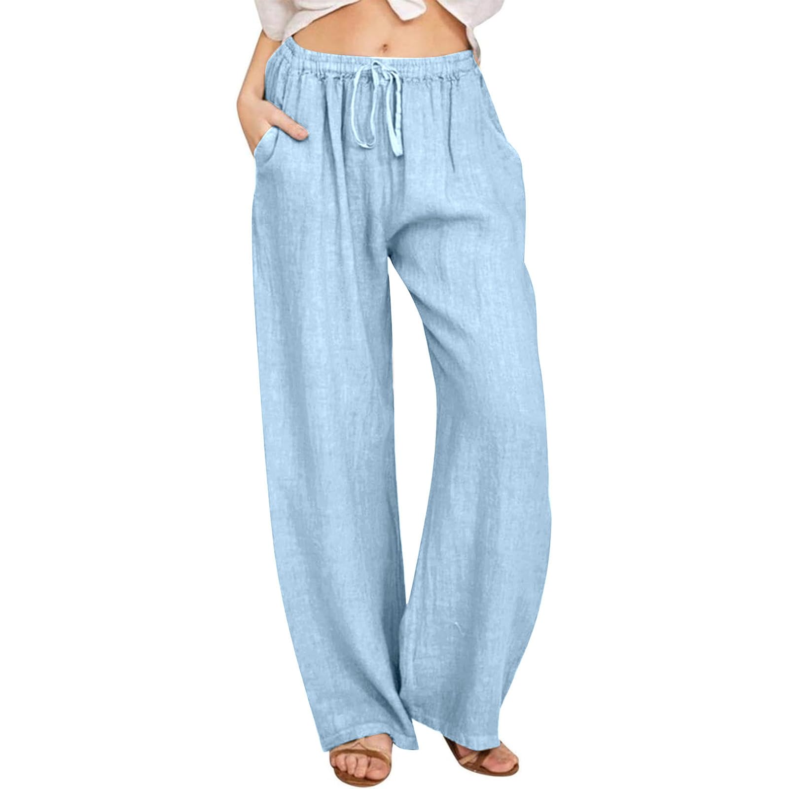 Womens Cotton Linen Wide Leg Pants High Waist Casual Comfy Palazzo Trousers with Drawstring for Summer 2025