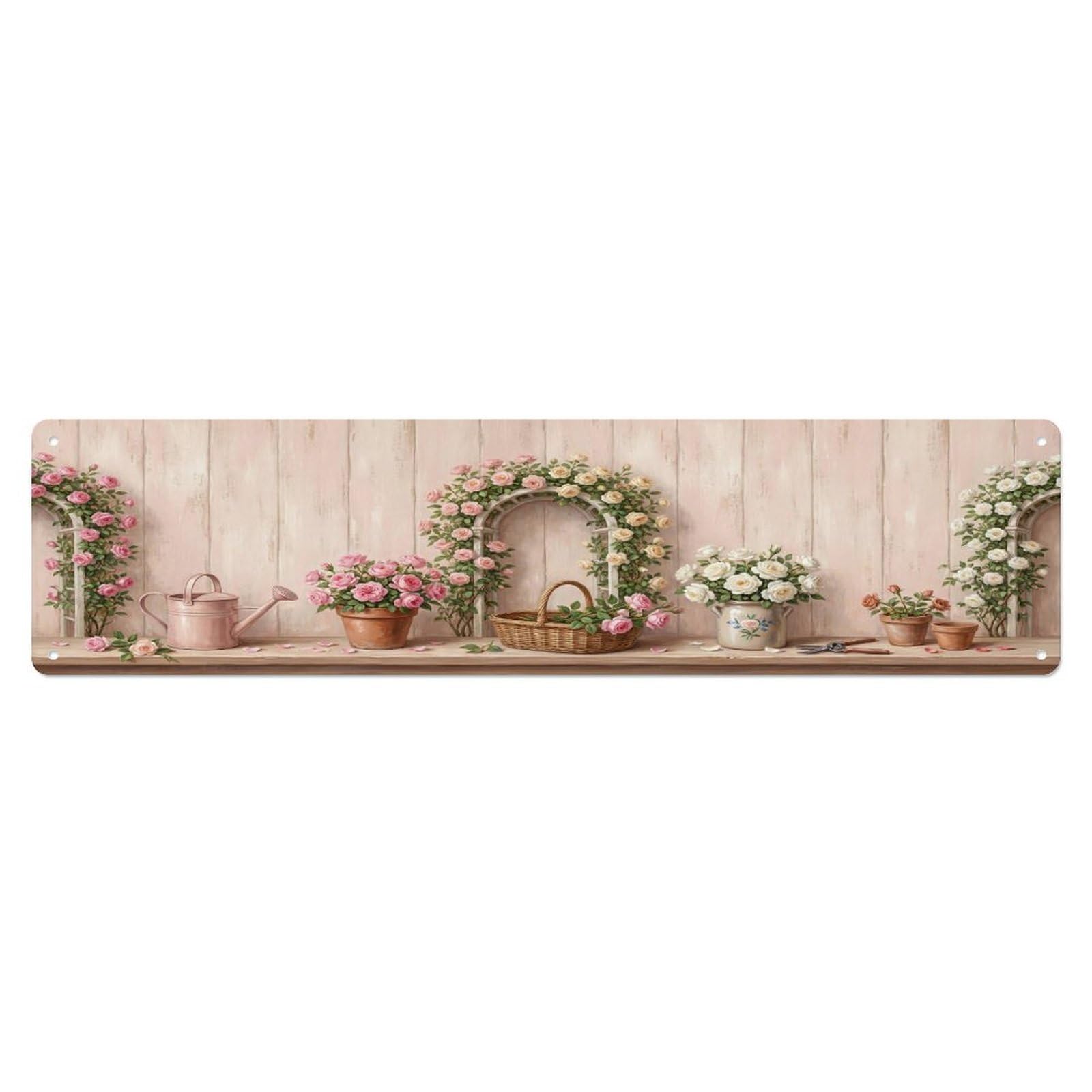 Floral Garden Tools Rose Archway Pattern Print Metal Tin Sign