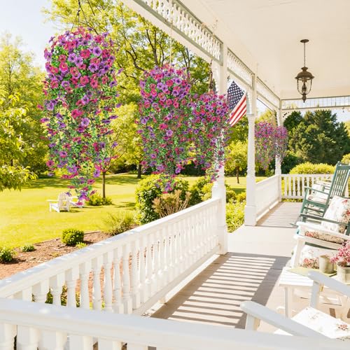 Image of Bassion Artificial Mums for Outdoor, 2 Pcs Fake Fall Hanging Flowers (Rose Red Purple) | Realistic fake silk flowers, UV resistant, faux plants, for outside home patio garden balcony yard front door porch decor