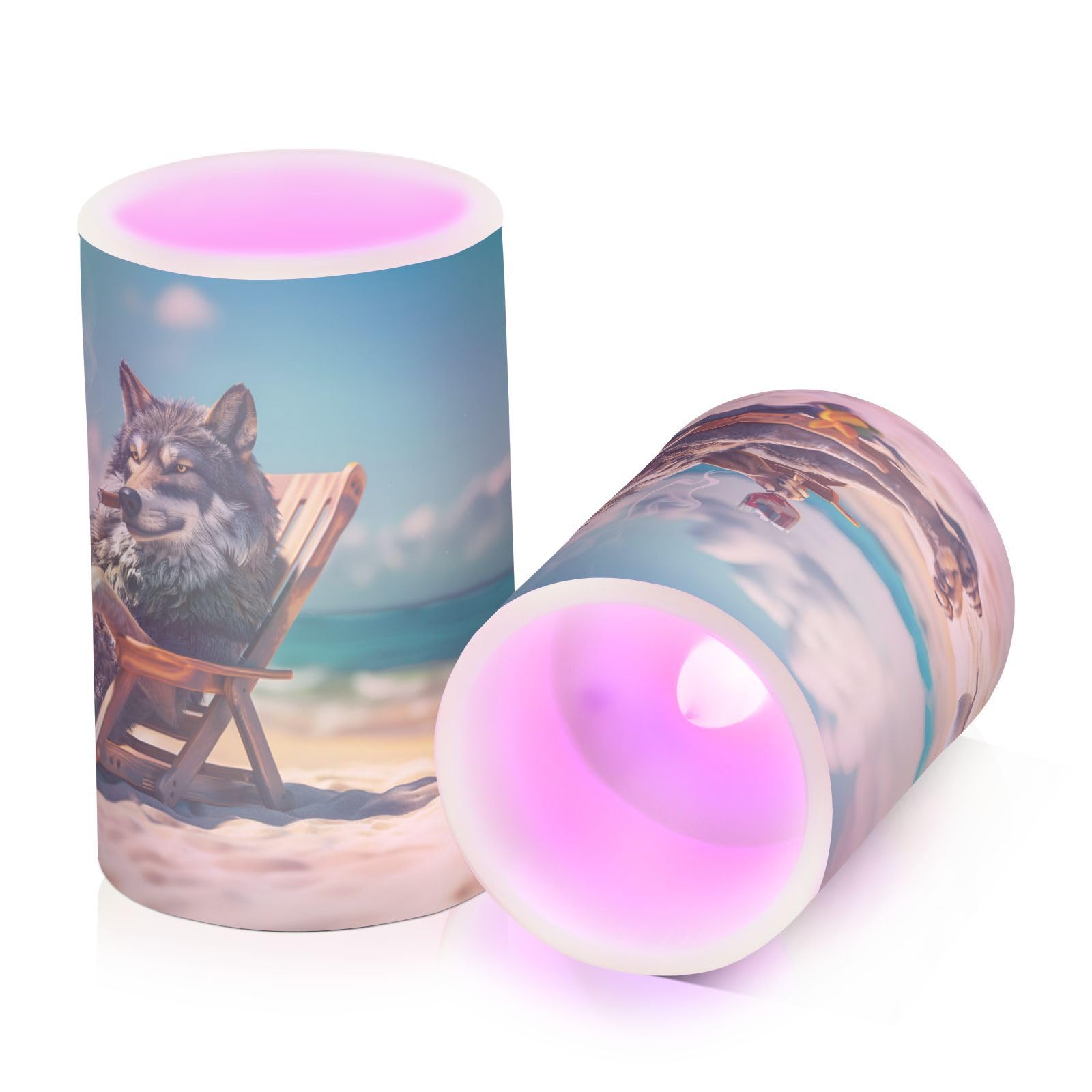ALAZA Wolf on The Beach Flickering Flameless Candles Battery Operated with Remote Timer,Tea Light Candles LED Pillar Votive Candles set of 2 for Outdoor Indoor Decorations