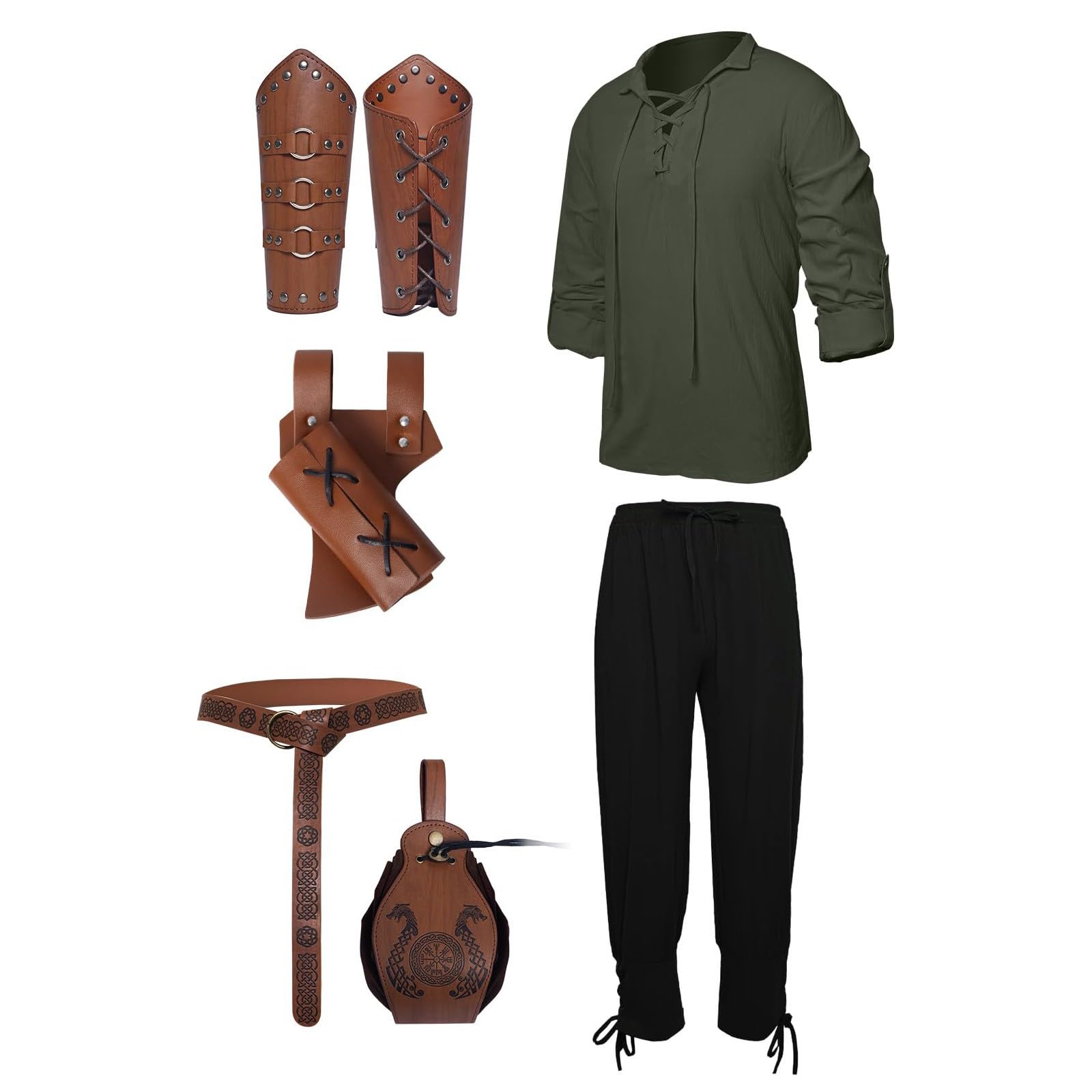 Mittelalter Kleidung Herren, 7 Stück Herren Renaissance Kostüm Set, Mittelalter Viking Kostüm mit Piratenhemd Lang Hose Gürtel Handgelenkgurt