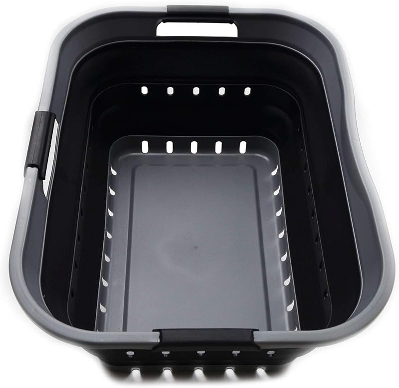 42L Collapsible Plastic Laundry Basket - Foldable Pop Up Storage Container/Organizer - Space Saving Hamper/Basket (1, Grey/Black)