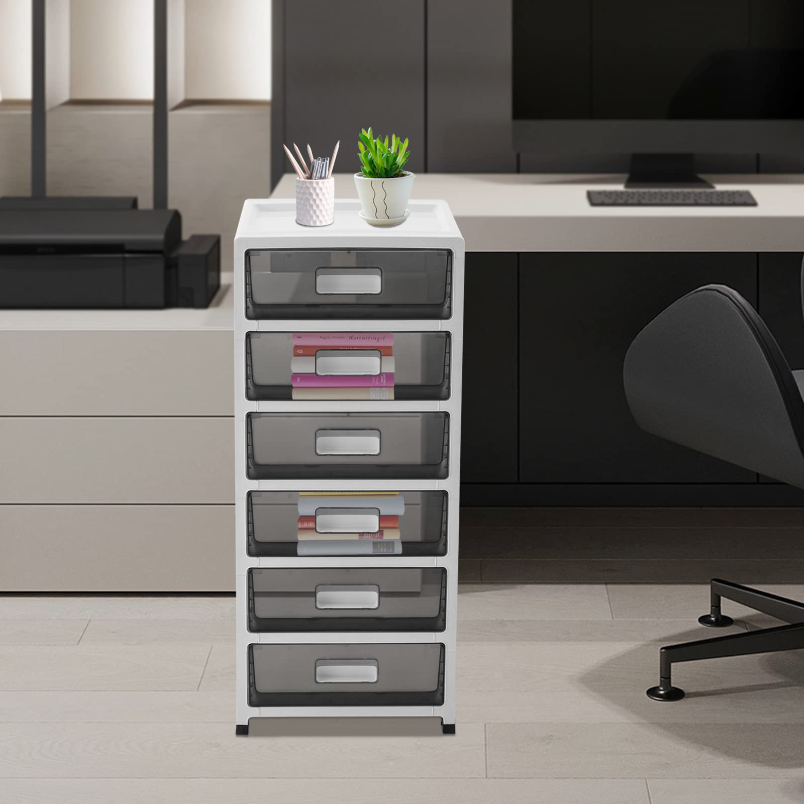 6 Ebenen Transparenter Schubladenbox aus PP,35x26x83.5cm Rollcontainer Schubladenschrank mit oberer Ablagefläche herausnehmbaren Schubladen,Schreibtisch Organizer für A4‑Ordner Make‑up Büromaterial