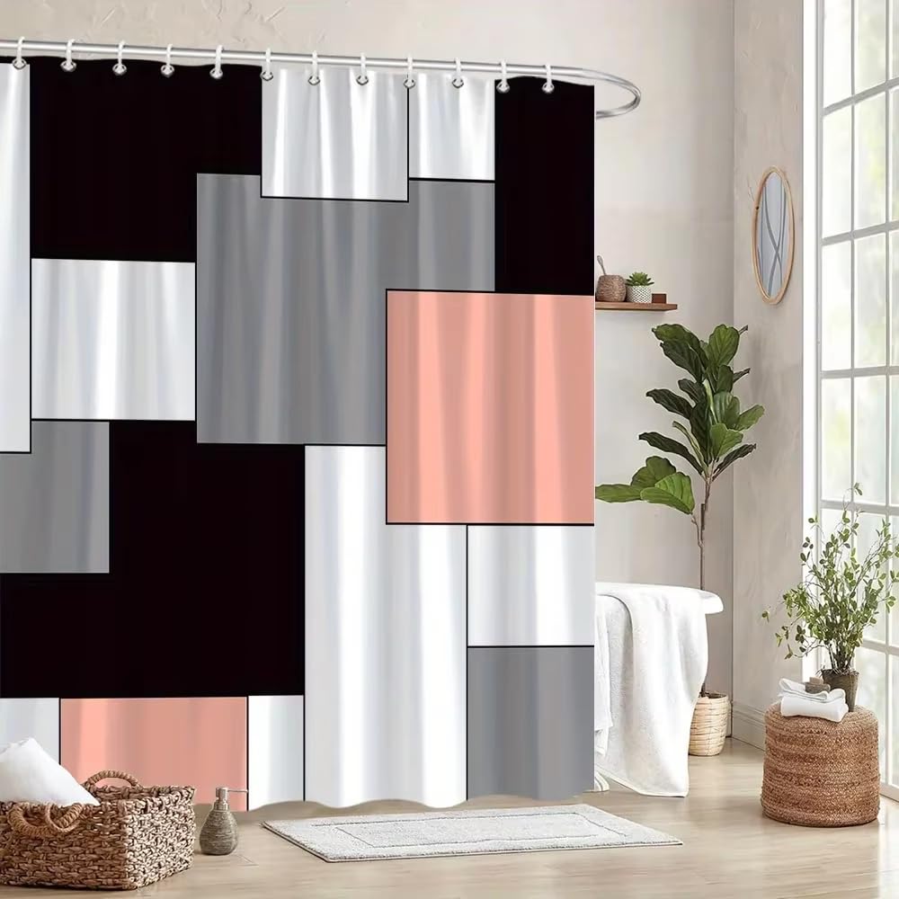 Moderne Duschvorhänge mit geometrischem, abstraktem Quadratmuster – Schwarz, Weiß, Grau, Pfirsichfarben, maschinenwaschbar, zeitgenössische Badezimmerdekoration (230 x 200 cm/B x H)