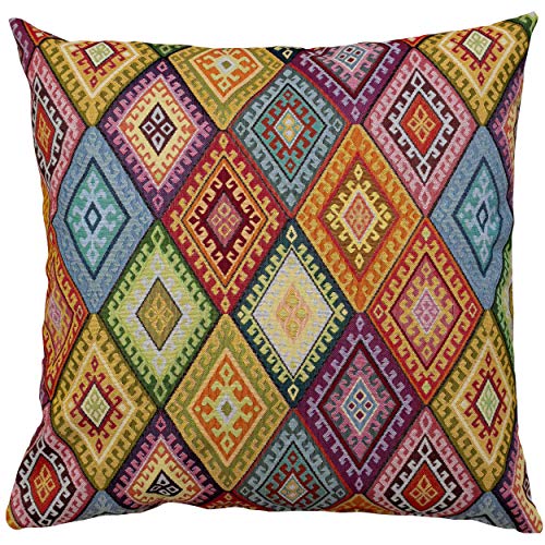Image of Linen Loft Extra Large Tapestry Turkish Kilim Style Multicoloured Cushion Cover. 23" x 23" Square Cover. Heavyweight Traditional Style Woven Diamond Pattern.
