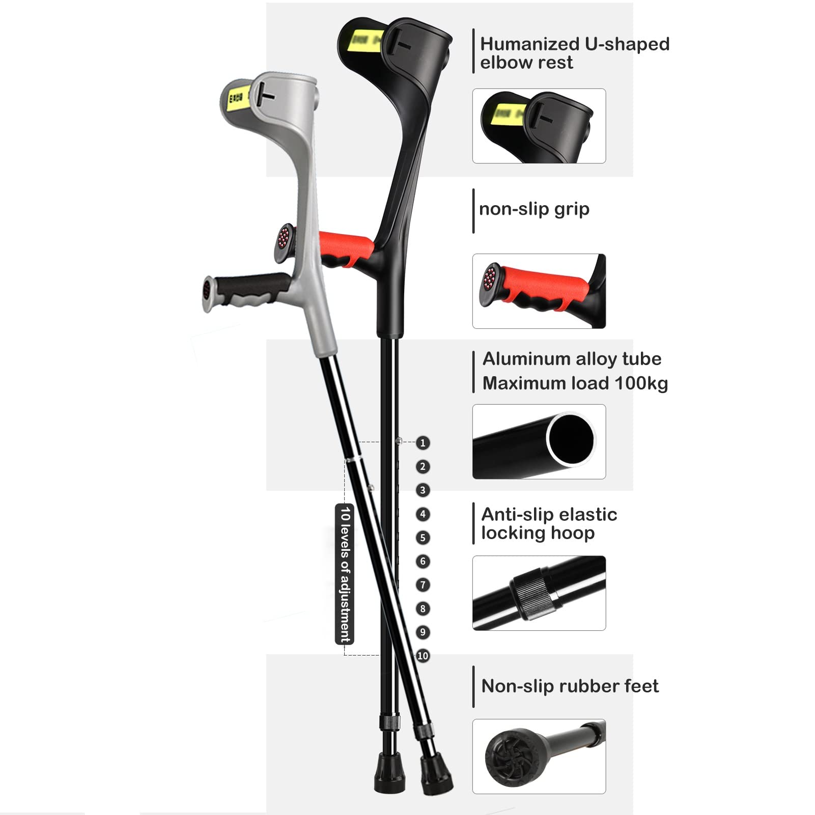 1 Par de Muletas de Antebrazo Plegables, Muletas de Aluminio Liviano para Adultos, Muletas para Caminar para Ancianos, Discapacitados Y Discapacitados Físicos (Color : Gray)