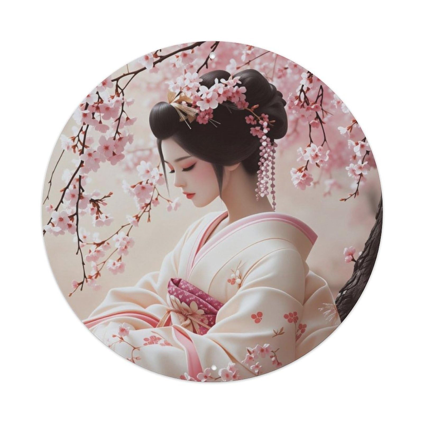 Japanese Geisha Kimono Cherry Blossom Round Wall Sign Vintage Aluminium Metal Sign, Retro Wall Decor for Home, Bar, Garage & Farmhouse 20x20cm