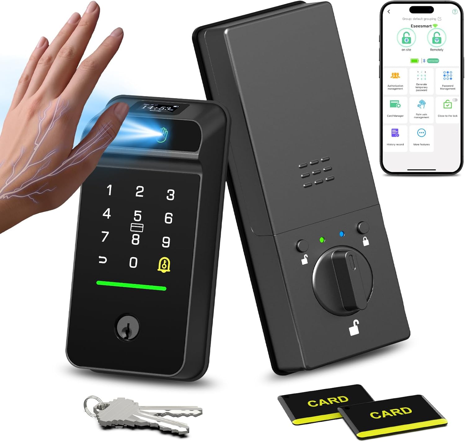 Eseesmart Smart Lock with Palm Vein, Keyless Entry Smart Locks with Doorbell, Upgraded 10000mAh Rechargeable Battery, Built-in WiFi Alexa Control with Display Screen, Auto-Lock, IP65 Waterproof