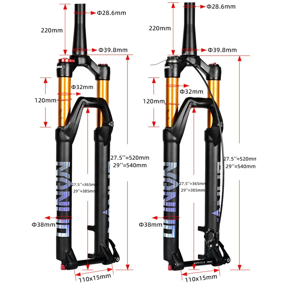 Horquilla de suspensión para Bicicleta de montaña MTB de 27,5 y 29 Pulgadas con Ajuste de Rebote, Eje pasante cónico de 1-1/2'', Amortiguador, Recorrido de 15 * 110 y 120 mm.