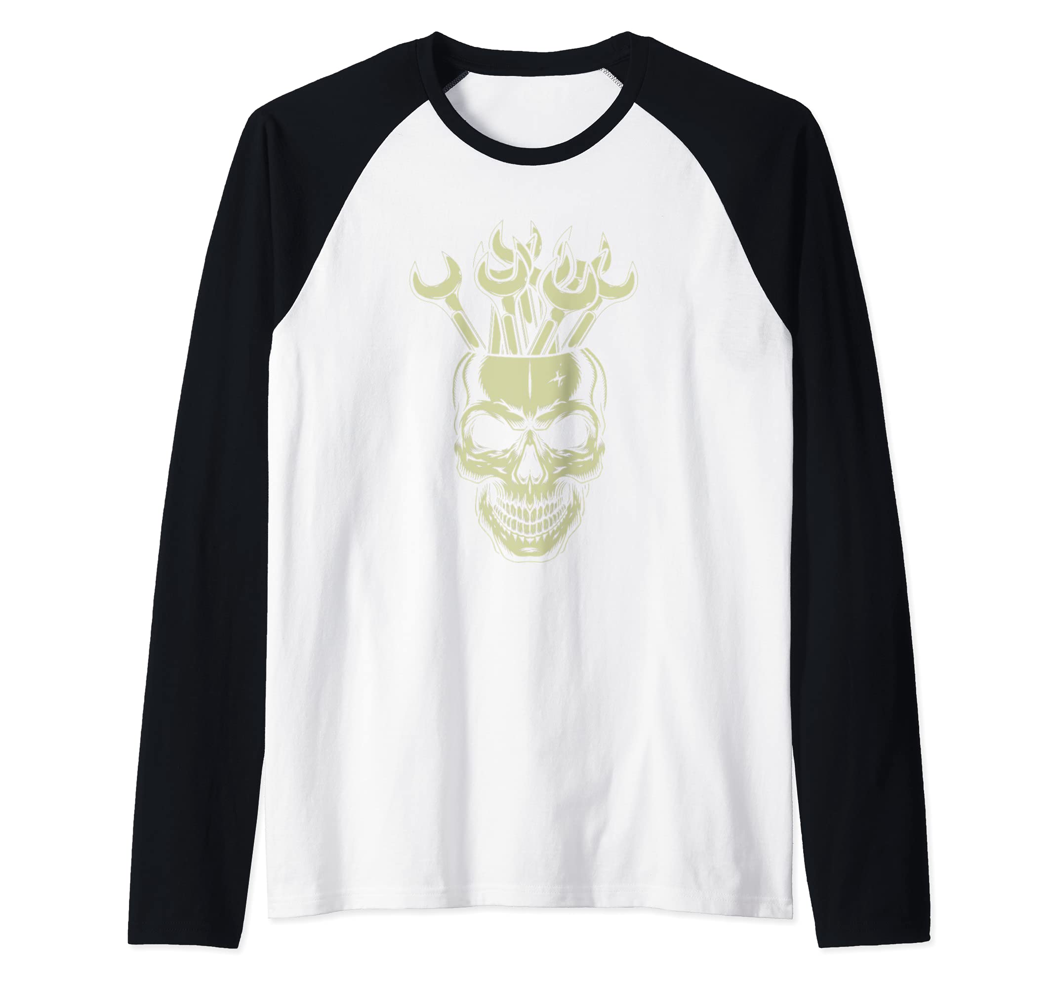 Skull Wrench Mechanic Tools Garage Car Mechanic Auto Raglan Baseball Tee, Black