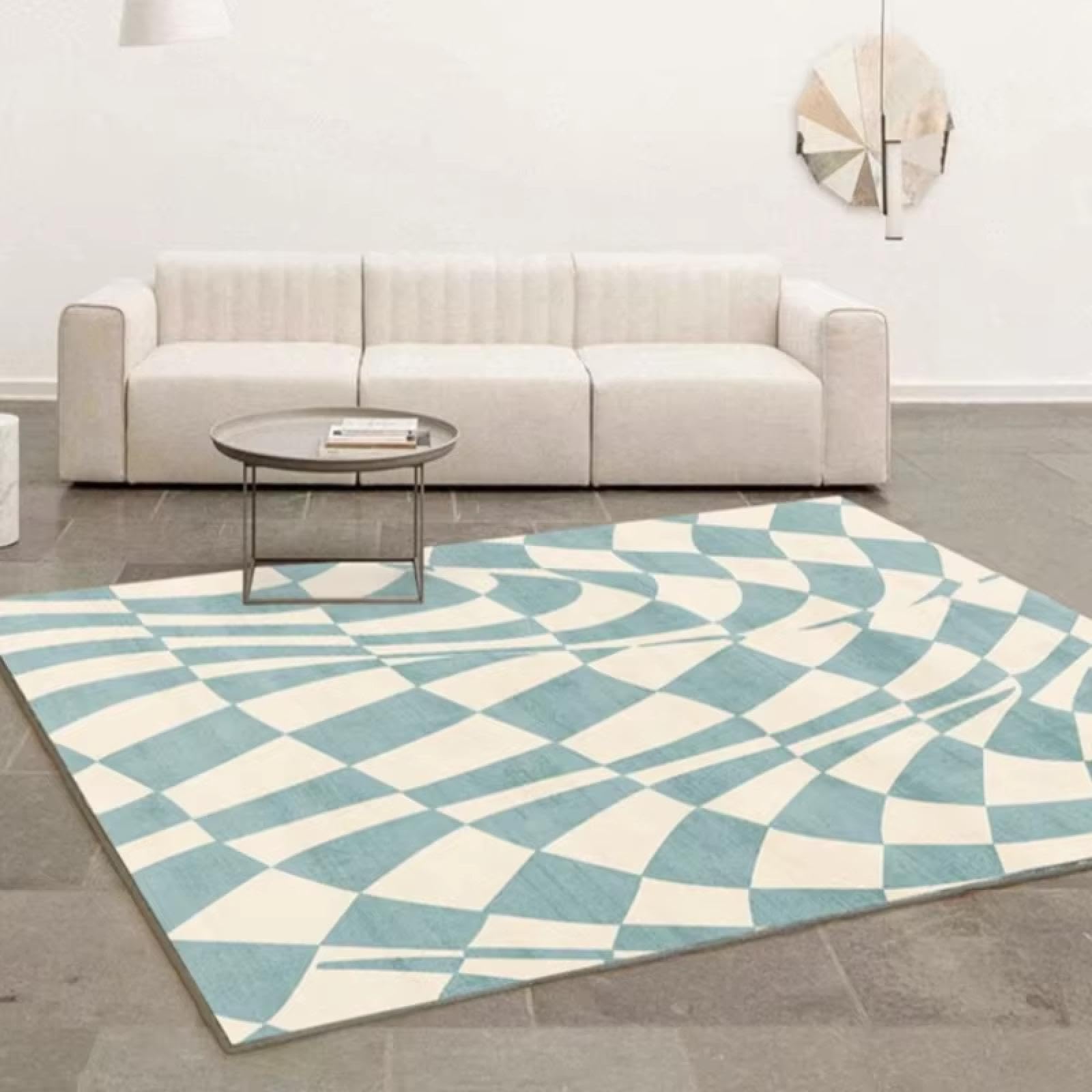 Tapis lavable en machine à carreaux bleus idéal pour grand salon