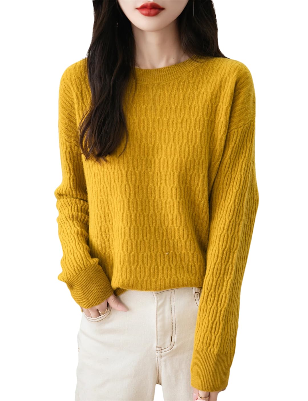 Damski sweter z mieszanki wełny z okrągłym dekoltem sweter z długim rękawem sweter ciepły dzianinowy solidny sweter, ŻÓŁTY, XL