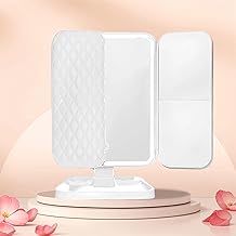 Takenick Wood Makeup Mirror Vanity Mirror with Lights Adjustable Brightness Mirrors 1X/2X/3X Magnification and Touch Screen Trifold Makeup Mirror Two Power Supply Modes (White), Rectangular, Tabletop