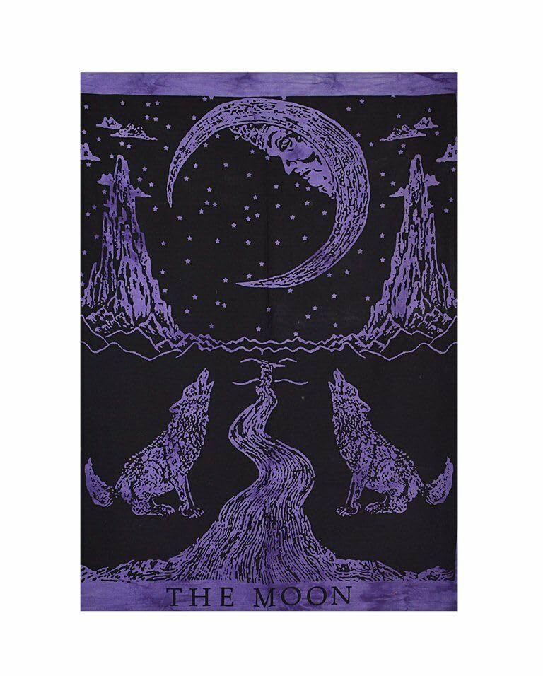 AVA Collections Tapestry Multicoloured Wall Hanging Psychedelic Tapestries Indian Cotton Poster Picnic Sheet Wall Decor Blanket Wall Art Hippie Bedroom Dcor (Black and White, Crying Wolf and Moon) - Image 2
