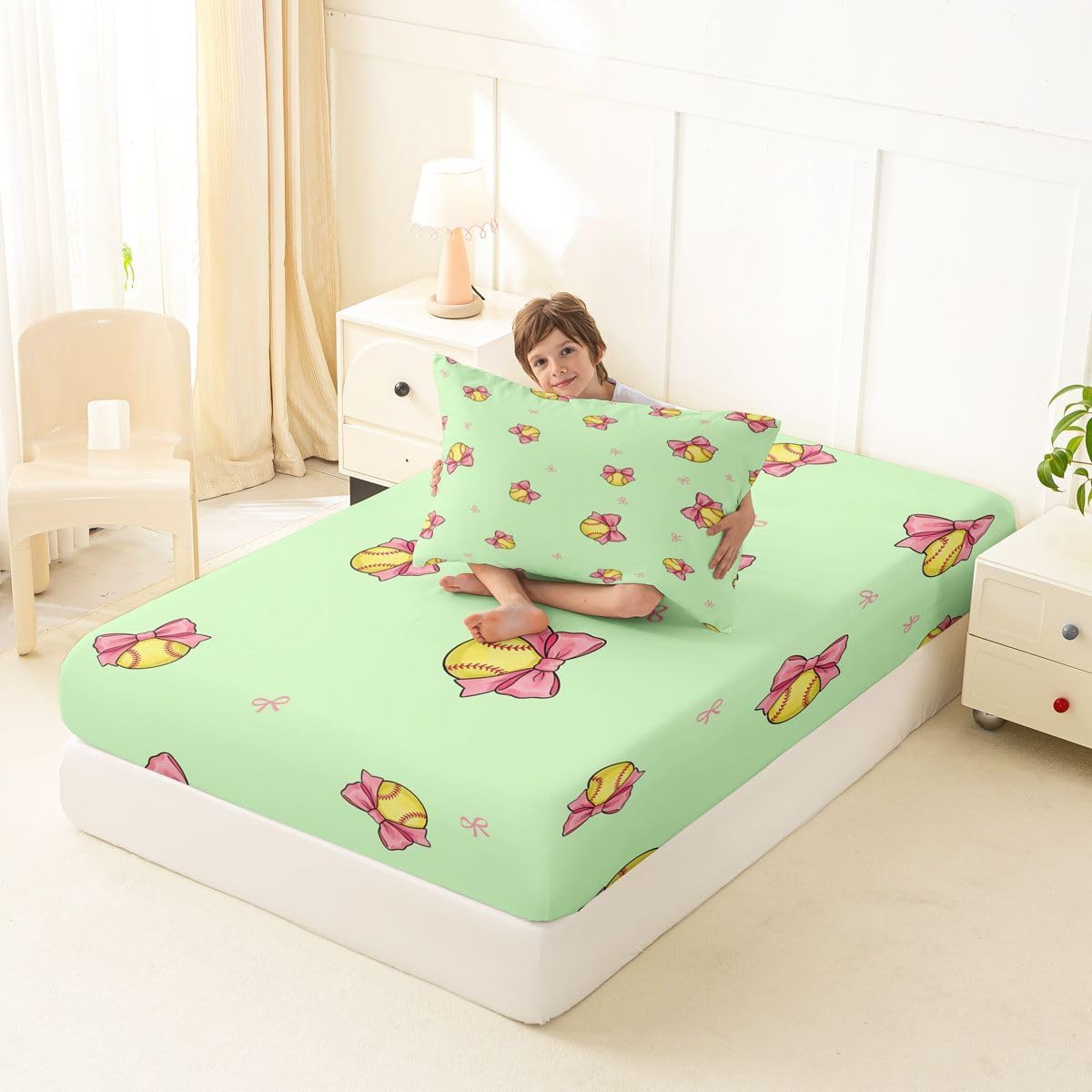 Erosebridal Softball Bow Bed Sheets Cute Bowknot Fitted Sheet Twin Size,Sports Ball Players Sheets for Kids Boys Girls Adults Preppy Pink Yellow Green Bed Set
