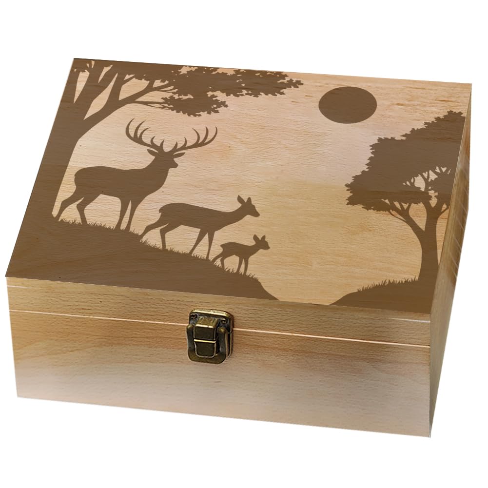 arricraft 1 scatola dei ricordi in legno, una famiglia di tre cervi nella foresta con il sole, scatola decorativa in legno con coperchio a cerniera per foto, DVD, lettere, 24,5 x 19,5 x 10,3 cm
