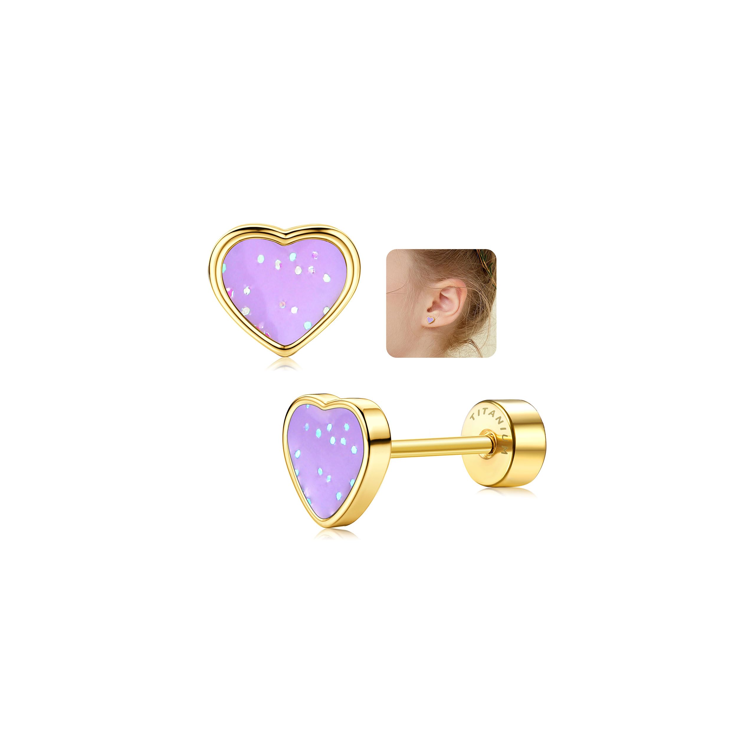 LOLIAS20G Titanium Heart Love Earrings for Girls Women 14K Gold Plated Cute Tiny Sequins Studs Hypoallergenic Earrings for Girls Cartilage Tragus Screw Back Earrings for Sensitive Ear PiercingRecycled Claim Standard 100