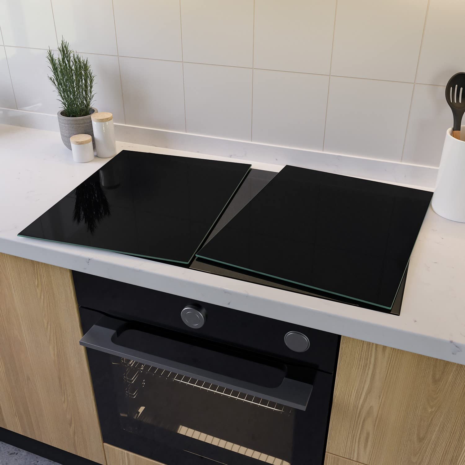 Wallario Herdabdeckplatte aus Glas, 2-teilig, 80x52cm, für Ceran- und Induktionsherde, Schwarz