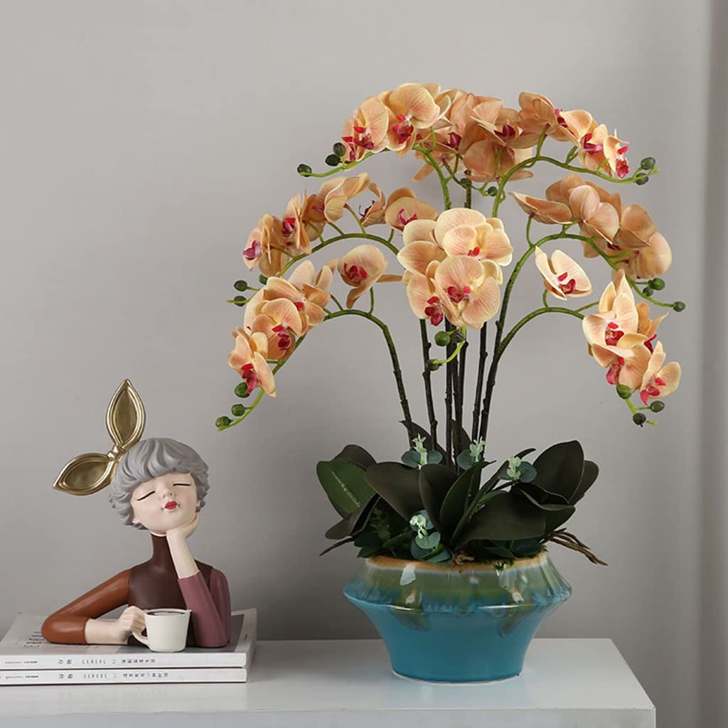 Fiore Artificiale Orchidea Phalaenopsis Artificiale Bonsai Fiori Finti con Vaso Composizione di Fiori Bonsai in PU a 9 Teste per la Decorazione di casa, Ufficio e Ta