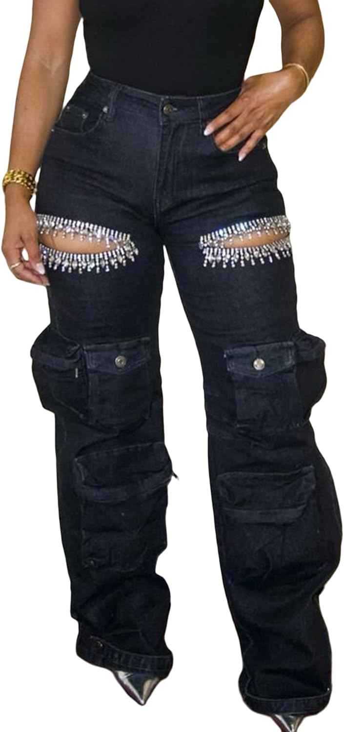 NRTHYE Womens High Waist Rhinestones Cargo Jeans Sexy Ripped Straight Leg Stretch Distressed Denim Trousers Pants