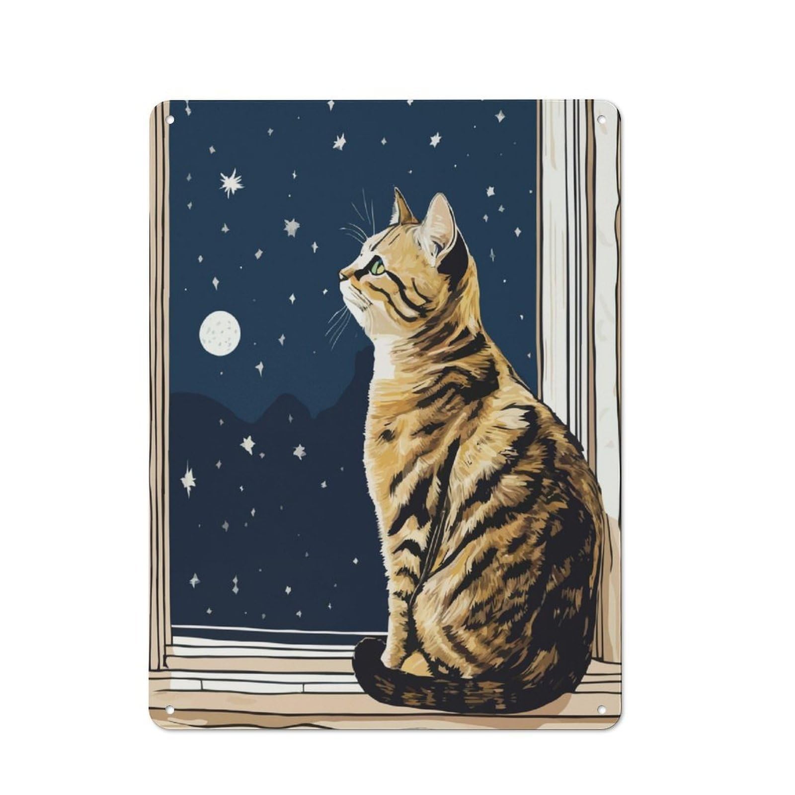 Junmoney Starry Night Cat-2 Retro Metal Wall Sign 40X30cm With Starry Night Cat For Garage Wall, A Decorative Metal Sign For Garages And Workshops