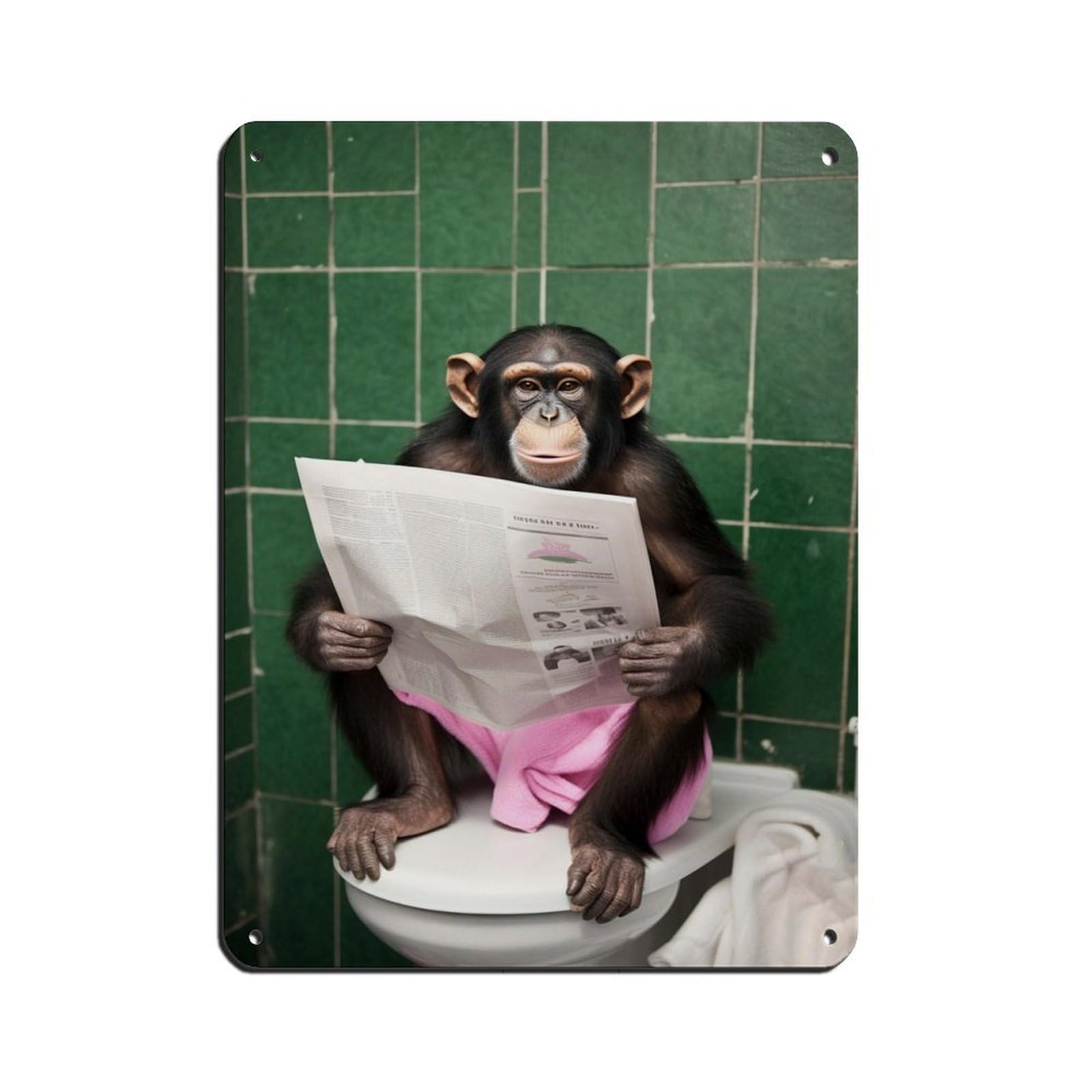 Chimpanzee on Toilet Reading The Newspaper Retro Poster Metal Tin Sign Chic Art Retro Iron Painting Bar People Cave Cafe Family Garage Poster Wall Decoration 12x16inch(30x40cm)