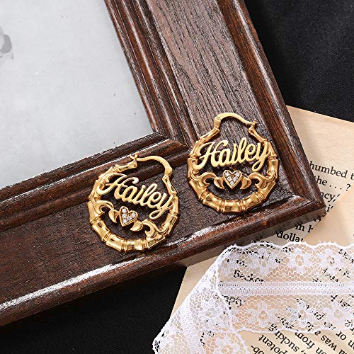 Gemszoo Custom Name Earrings Personalized Bamboo Hoop Gold Earrings with Any Name Jewelry Gift for Women Her4