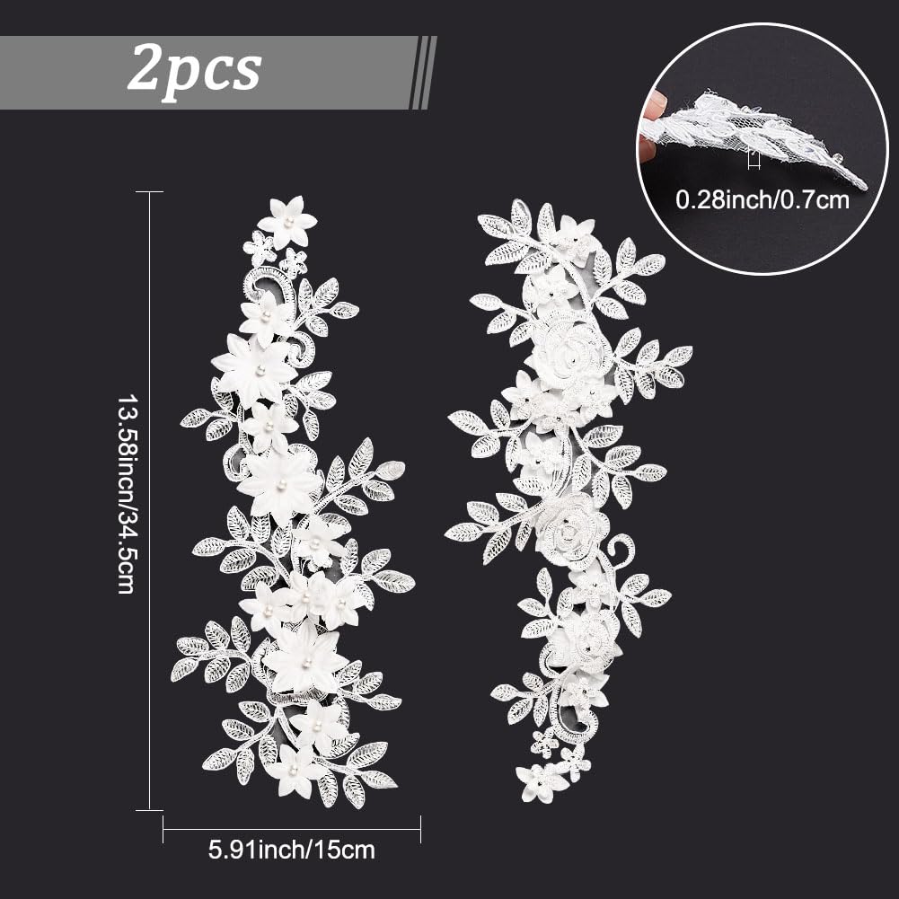 GORGECRAFT 3D Perlen-Blumen-Spitze Applikation – 2 Paar, Weiß | Bestickte Spitze Zum Aufnähen Oder Bügeln Für Hochzeitskleider & Kleidung