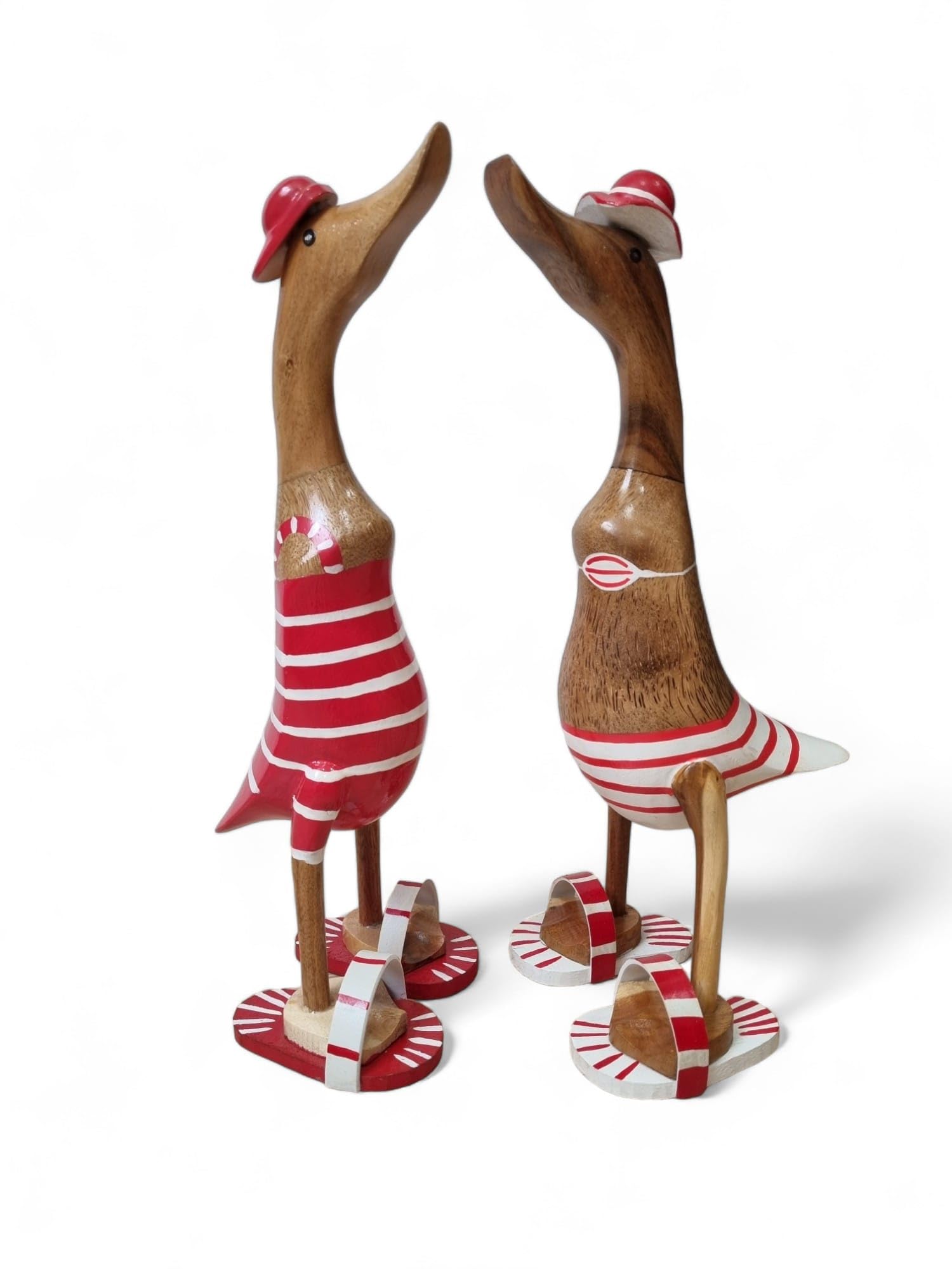 Bambus Holz Bade Enten Paar - 2er Set - Bambus Enten in verschiedenen Farben - 42cm Enten im Badehose und Bikini (Rot)