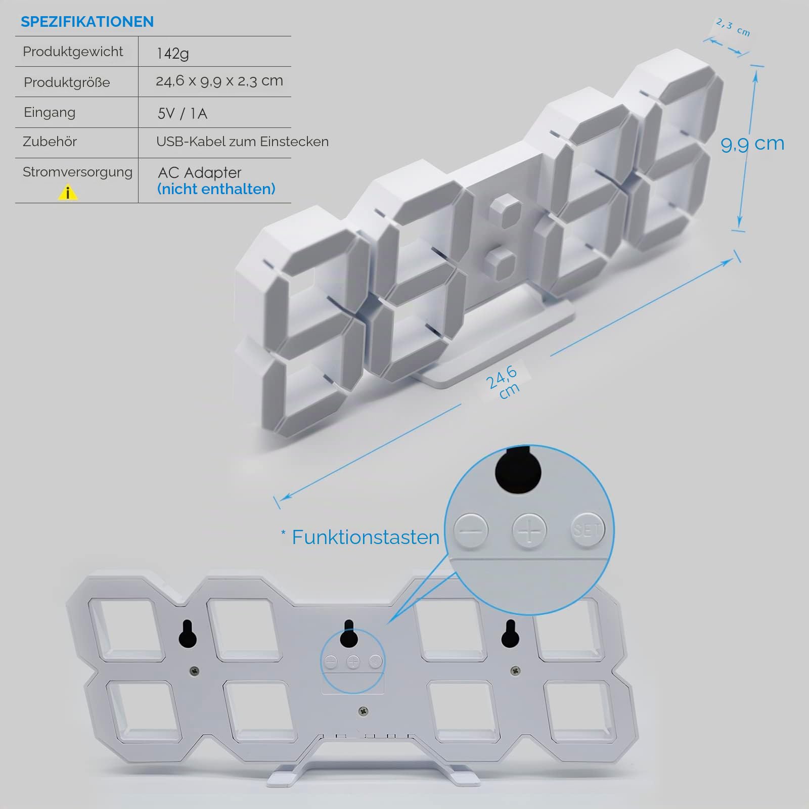 KOSUMOSU Digitaluhr 3D LED Wanduhr 9.7 Zoll, Tischuhr Großes Display Digitale Wanduhr Schreibtischuhr mit Fernbedienung 12/24H Temperatur (Weißes Licht)