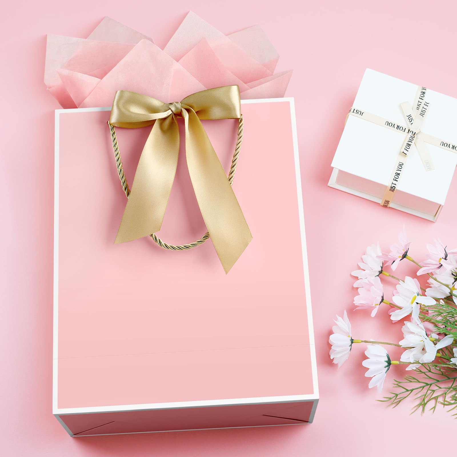 YoungTree Pink Gift Bags with Handles, 13" Medium Gift Bag with 2 Tissue Paper and 1 Card, Present Bag for Graduation Wedding Baby Shower Bridal Shower Birthday Party (Pink-White)