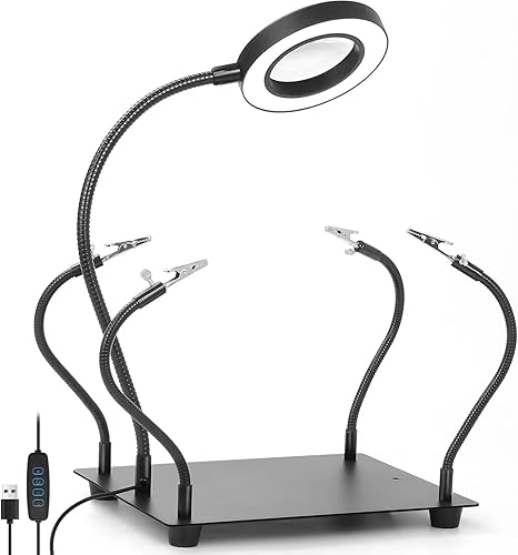 TOCBIU Helping Hands - Soporte de soldadura con lupa 3X con luz, soporte de placa de circuito de metal, 4 brazos de metal flexibles, mano de ayuda