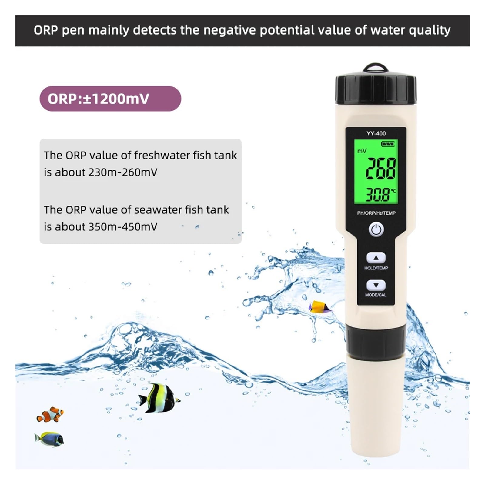 Testeur d'eau Testeur D'hydrogène Et d'eau, Moniteur 4 en 1 H2 PH ORP, Analyseur De Température, D'oxygène Réactif ATC 0-2400PPb for Aquariums Polyvalent Précis Facile