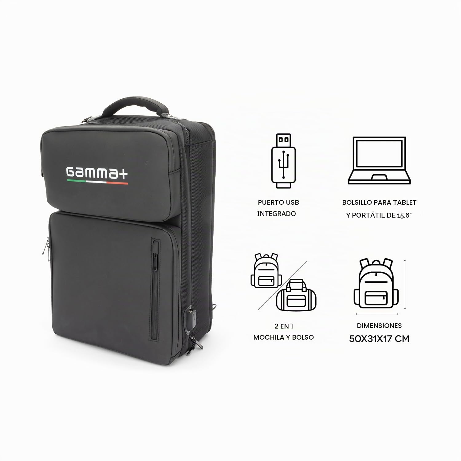 GAMMA+ Mochila de Peluquería, Mochila de Barbero Portátil con Puerto USB, Bolsa de Viaje para Peluquería para Cortapelos, Secador Tijeras, Bolso Peluquería Profesional, Impermeable, Negro