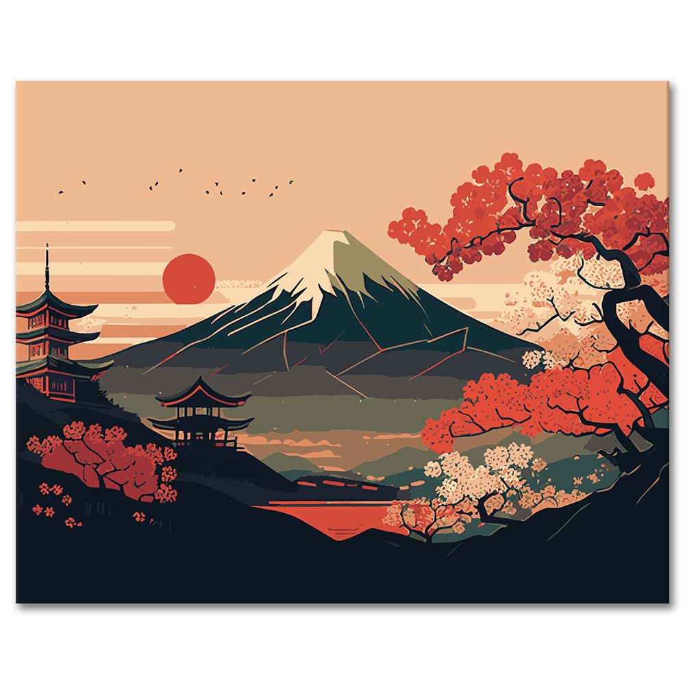 Rebotipy DIY Paint by Numbers, Landscape Adults' Paint-by-Number Kits on Canvas, Japanese Style Paint by Numbers Kit for Adults Kids and Beginner, 16X20 Inch Flameless Adult Paint by Numbers