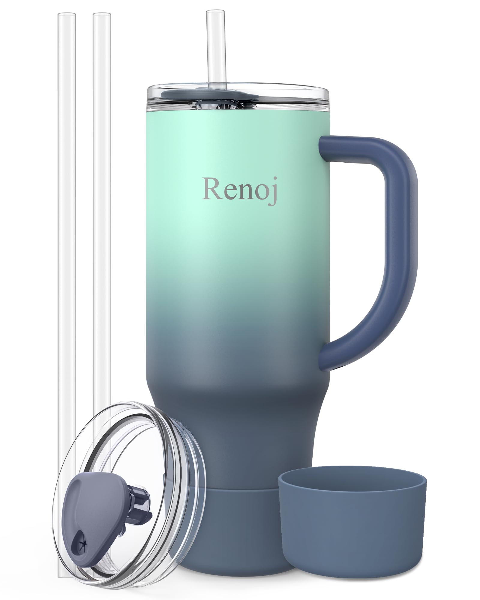 Renoj Tumbler with Handle 100% Spill Resistant Insulated Water Bottle for Iced Coffee &amp; Hot Drinks - Fits Car Cup Holder, Ideal Gift, 2 Straws &amp; Silicone Boot BPA-Free - FlexSlide Blue Gradient 32 oz