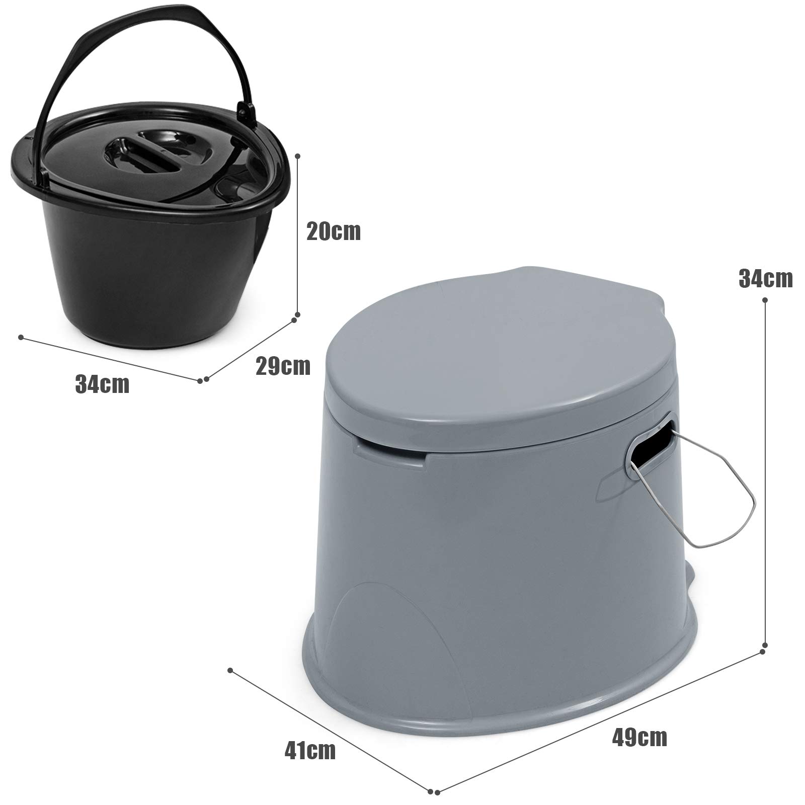 GOPLUS Toilette Portable 5L, Supporter 200KG, Toilette Sèche avec Couvercle, Seau Amovible avec Poignée, Anti-odeur, Nettoyage Pratique, Utilisation Familiale Disponible, pour Camping, Extérieur, Gris