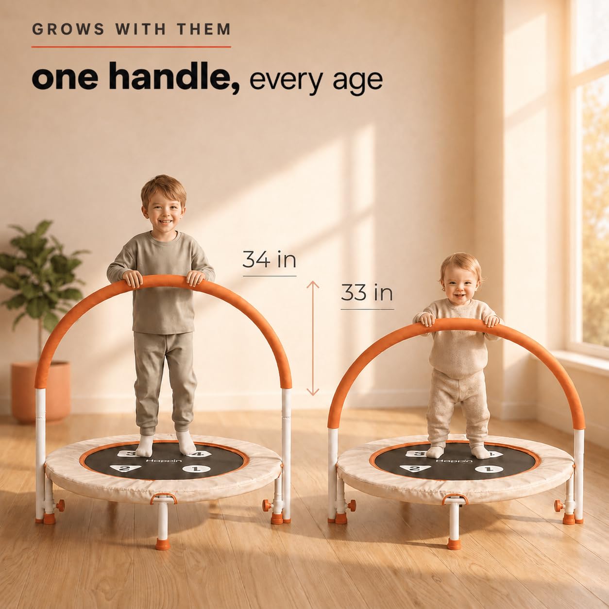 Happin Mini trampolino per bambini da 91,4 cm, per interni, pieghevole, per interni ed esterni, con imbottitura ultra sicura, manubrio regolabile in schiuma, silenzioso, per bambini dai 2 ai 6 anni