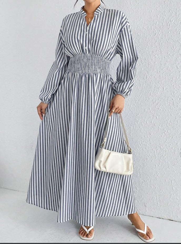 utcoco Women's Beach Boho Striped Smocked Waist Maxi Dress Long Sleeve A-Line Swing Long Dresses - Image 7