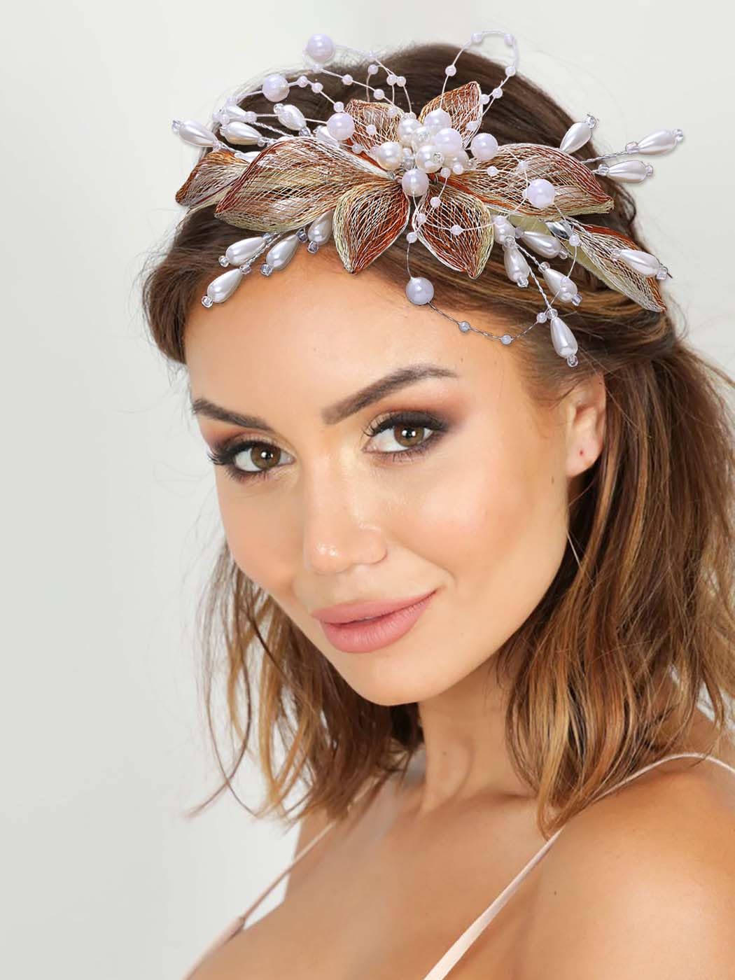 IYOU Bridal Wedding Headband Gold Flower Hair Bands Copper Wire Pearl Headpiece Bridesmaid Bride Hair Accessories for Women - Image 2